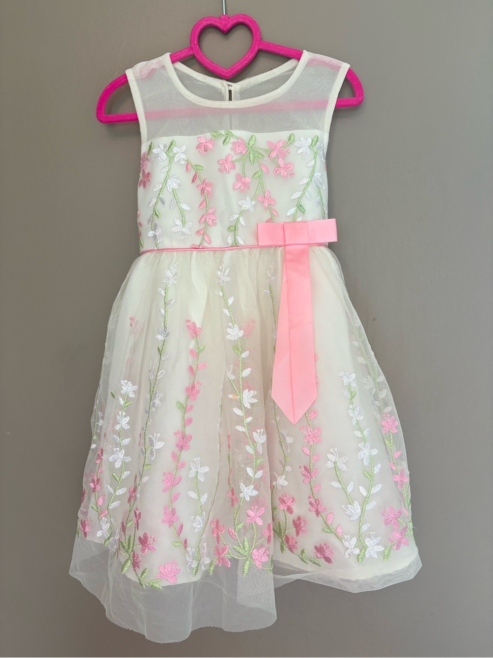 Ivory Dress with Delicate Pink and Subtle Lilac Floral Embroidery with Pink Bow